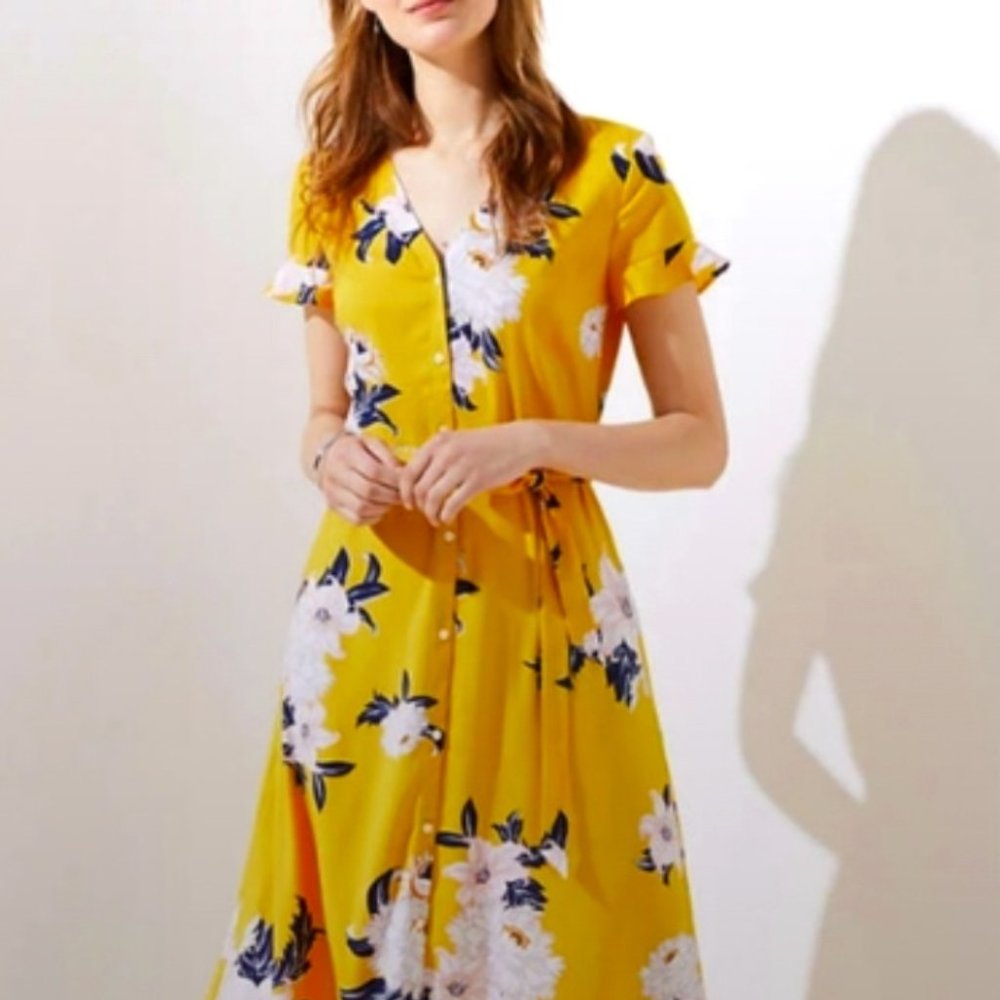 Yellow Floral LOFT Midi Dress With Tie Belt Size 4